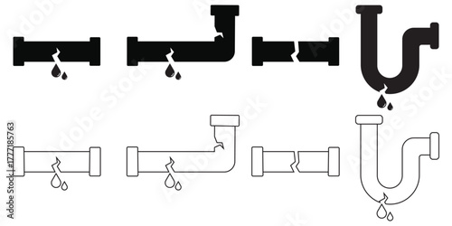 Broken Pipe and Water Leak Icon Set – Burst Pipeline, Dripping Faucet, Plumbing Damage
 Vector Illustration for Maintenance and Repair Services