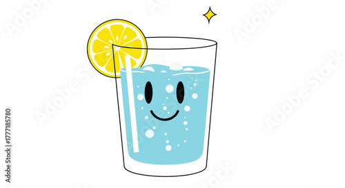 A cheerful cartoon glass of bubbly lemon water with a cute smiling face and a fresh lemon slice, representing refreshing and happy beverages.