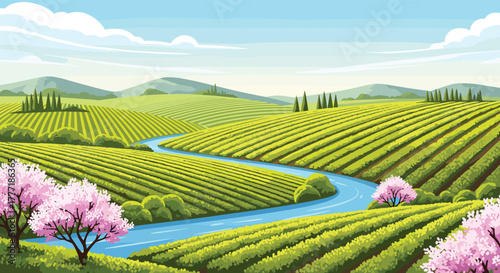 Idyllic spring landscape with rolling vineyards, a winding river, and vibrant pink trees under a clear blue sky.
