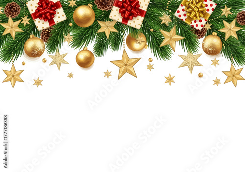 Festive Christmas Garland with Gifts Ornaments and Pine Cones.