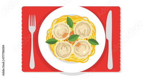 Overhead shot of an appetizing dish featuring four dumplings and spaghetti noodles garnished with fresh basil leaves, served on a red placemat with a fork and knife.