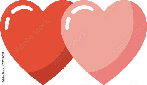 Two hearts red and pink overlapping each other heart, love, red, pink, valentine, romance, symbol, shape, passion, affection, graphic, clipart, design, element, white, background, illustration, sweet,