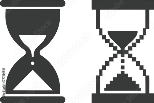 Two hourglass icons digital pixelated and solid symbolizing time management and sand flow vector