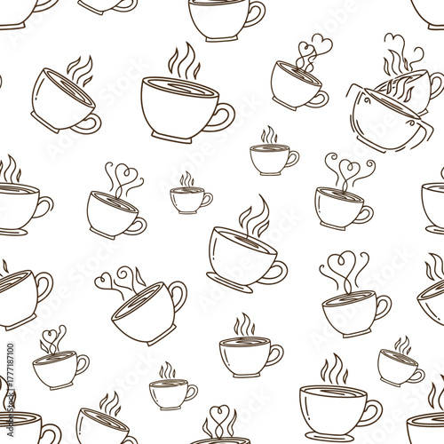 Hand drawn coffee cups seamless pattern illustration hot beverage steam sketchy doodle design vector