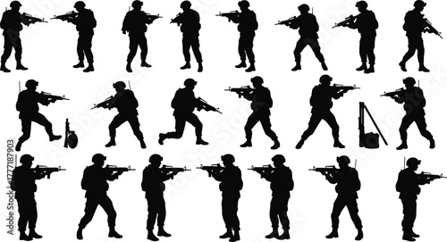 Soldier silhouette vector, armed military pose, rifle action, tactical stance, black icon, combat gear, minimal design, defense, war graphic