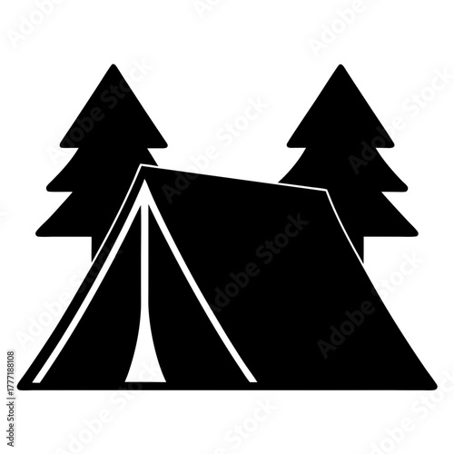 Minimalist Camping Tent Icon with Evergreen Trees, Adventure and Nature Theme