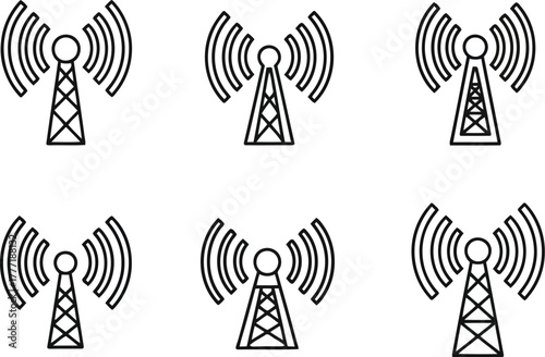 Set of six tower icons broadcasting wireless signal waves for communication and technology concepts vector