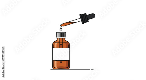 An illustration of a dropper dispensing a single drop of brown liquid into an amber bottle with a blank label, suggesting medication or skincare.