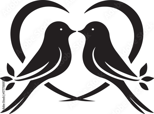 A symmetrical silhouette of two lovebirds perched on a leafy branch