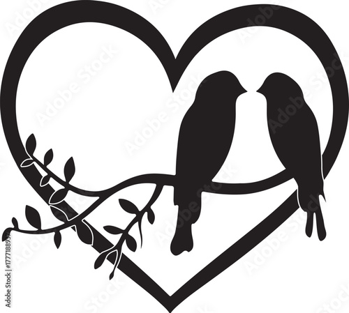 A symmetrical silhouette of two lovebirds perched on a branch