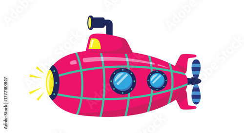 A cheerful pink cartoon submarine with a periscope, glowing headlight, and blue portholes, depicted on a white background.