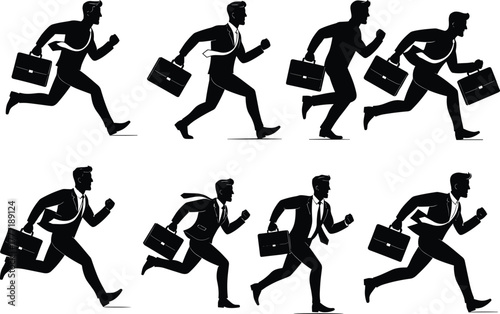 Businessman running silhouettes, office professional with briefcase, urgency concept, corporate success, fast movement, flat vector