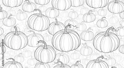Seamless black and white line art pattern featuring a delightful arrangement of various pumpkins, perfect for autumn harvest and holiday designs.