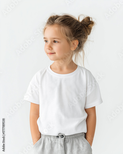 child model in white t-shirt looking sideways, full-body, clean white background
