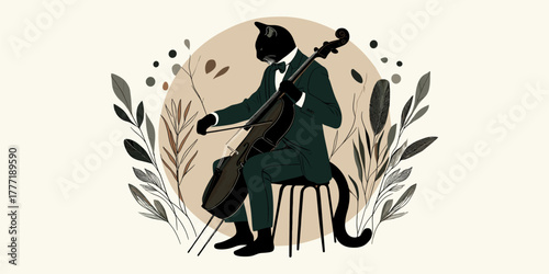 Elegant Feline Cellist Surrounded by Foliage Illustration