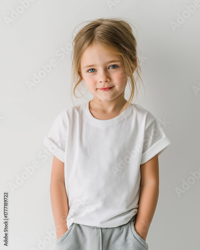 child model wearing plain white t-shirt looking into camera, full-body, soft daylight, minimal white background