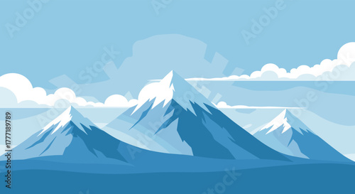 Minimalist vector illustration of majestic snowy mountains under a bright sky with soft clouds, presented in a cool blue color palette.