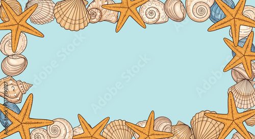 A decorative border of hand-drawn seashells and starfish frames a serene light blue background, perfect for summer designs and ocean-themed invitations.