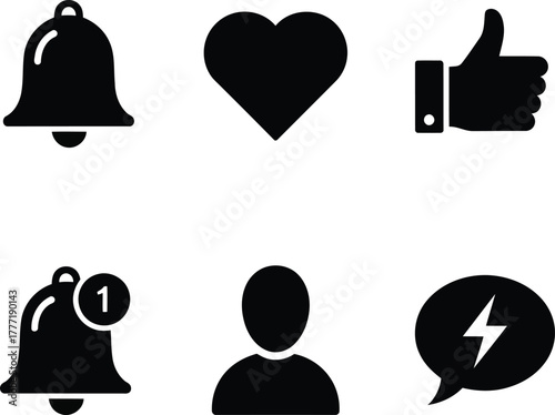 Social media notification icons set bell heart thumb up user speech bubble with lightning bolt vector