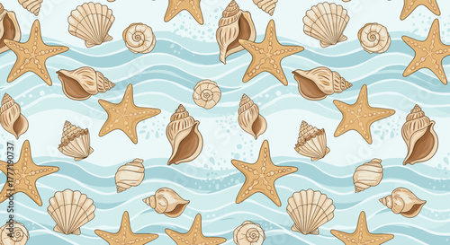 Seamless pattern with various seashells, starfish, and ocean waves creates a calming underwater theme for beach-inspired designs.
