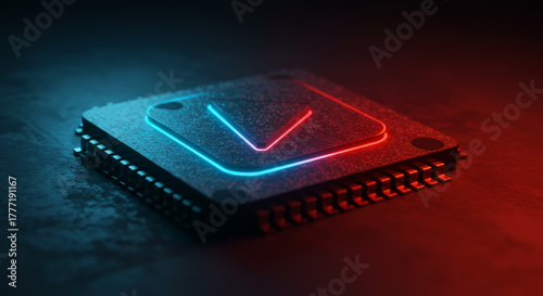 An up-close perspective of a central processing unit (CPU), a vital element of modern technological advancement, with neon light accentuation and a striking two-tone illumination effect. 