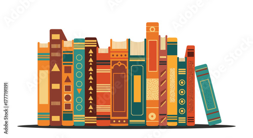 A vibrant and diverse collection of books with unique patterns and colors, neatly arranged on a shelf against a white background.