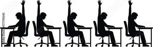 Seated gesture silhouette sequence, student desk pose vector illustration, attention and disengagement cycle study, cad drawing flat vector illustration
