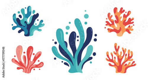 A collection of colorful stylized coral and abstract aquatic plants, featuring vibrant hues and playful shapes for marine-themed designs.