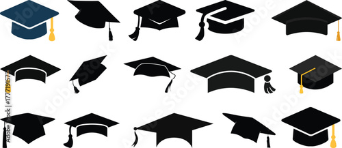 Graduation cap icon set, university or college graduation hat icon, student graduation cap , student hat outline and filled vector sign. Education symbol, logo silhouette vector