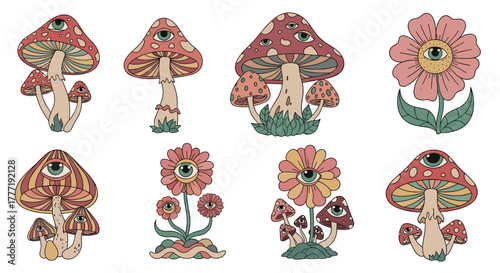 Psychedelic mushrooms and flowers featuring mystical eye motifs, rendered in a groovy vintage-inspired illustration style.