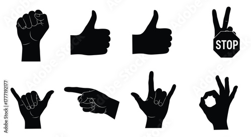 Set of hand gesture icons simple black and white silhouettes isolated on a white background for design elements and user interface