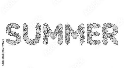 Black and white line art illustration of the word 'SUMMER' formed by various intricate seashells, evoking a coastal and warm weather theme.