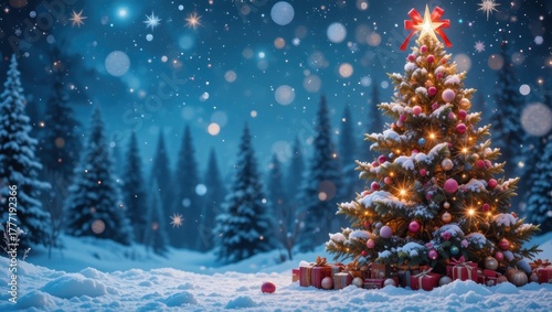 Beautifully Decorated Christmas Tree Surrounded by Snow and Gifts in a Winter Forest Scene