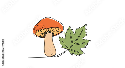 A simple continuous line art illustration of an autumn mushroom with an orange cap and a green maple leaf on a white background, representing the fall season.