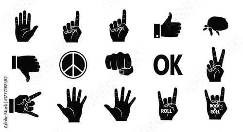 Set of hand gesture icons simple black glyphs for communication and expression isolated on white background