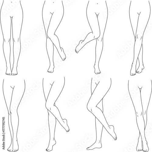 Anatomical female leg poses study line drawing set dynamic motion ballet fitness fashion vector