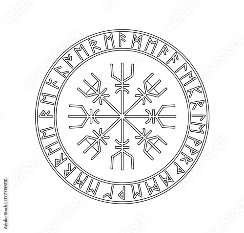 A striking black-line illustration of the Helm of Awe (Ægishjálmr), an Icelandic magical stave, encircled by a repeating sequence of Elder Futhark runes