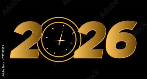 Elegant 2026 New Year Design with Gold Text and Watch Face between Numbers on Black Background — Luxury Time Concept, Modern Countdown and Celebration Graphic