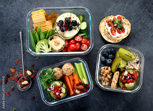 Bbox containing fresh fruits, vegetables, sandwiches, and nuts.