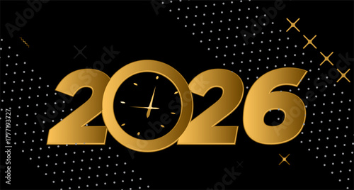 Luxury Happy New Year 2026 Design with Gold Text, Clock Face Inside Circular Cutout, Black Background with White Dotted Lines and Golden Accents