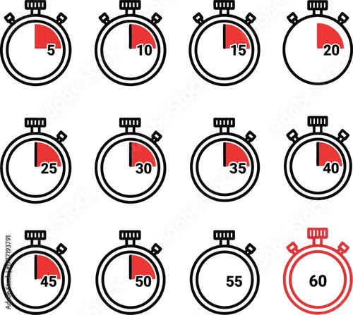 Set of stopwatch icons showing time intervals for countdown and speed measurement vector