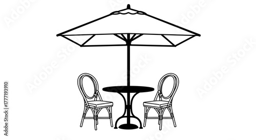 Outdoor cafe table and chairs with umbrella illustration art