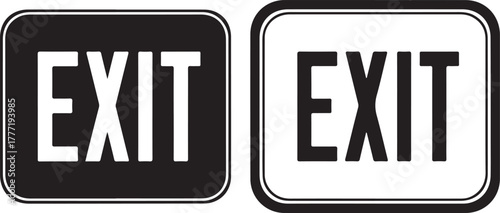 Two exit signs, one black with white text, the other white with black text