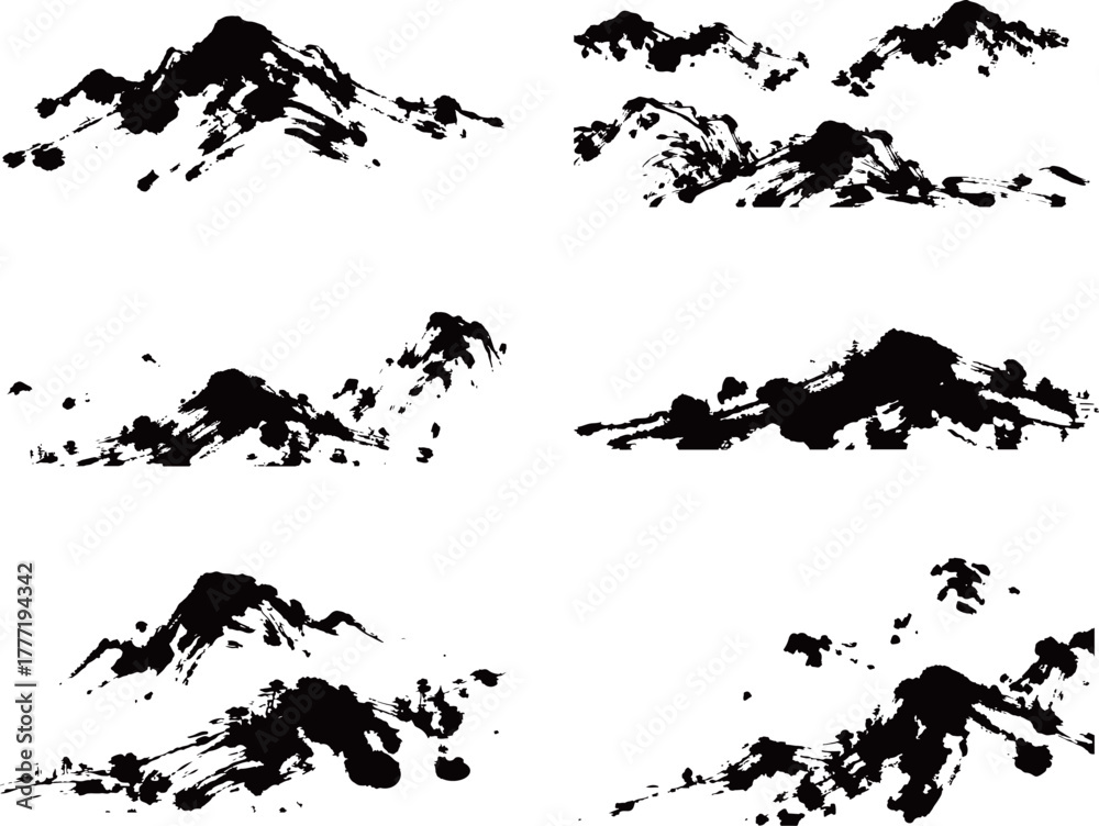 Obraz premium Black ink wash style mountain landscapes, set of six traditional Asian brush stroke drawings isolated on white.