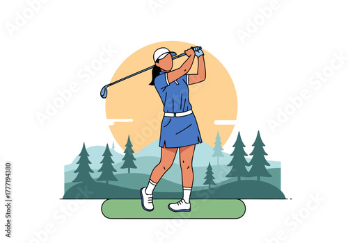 Woman golfing on a green with a driver, the sun setting behind her, a tree-lined landscape