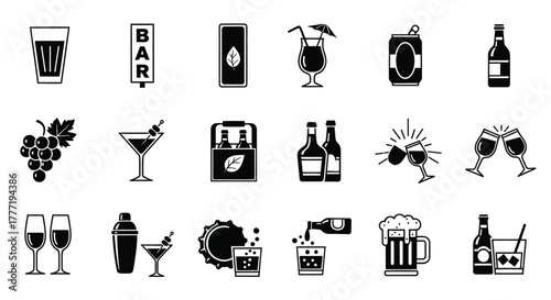 Bar drinks alcoholic beverages cocktails vector icons set design
