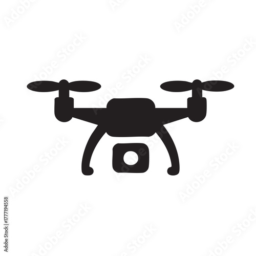 Simple black and white icon depicting a modern quadcopter drone design