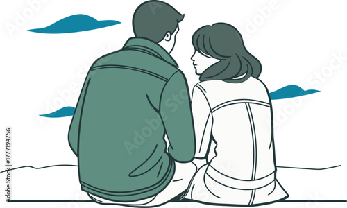 Minimalist illustration of a romantic couple sitting together outdoors, gazing at the sky, expressing love, connection, and peaceful relationship in a modern vector art style.