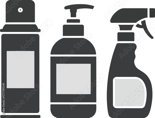 Clean household spray bottle pump bottle aerosol can hygiene and sanitation supplies icon set vector illustration vector