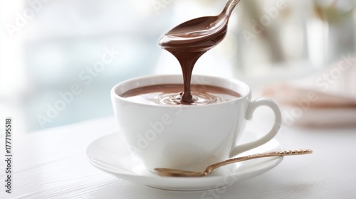 Warm chocolate flows smoothly from a metal spoon into a cup inviting comfort and relaxation.